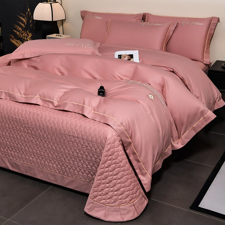 轻奢纯棉贡缎床盖款四件套全棉刺绣被套绗缝夹棉加厚床单床上用品