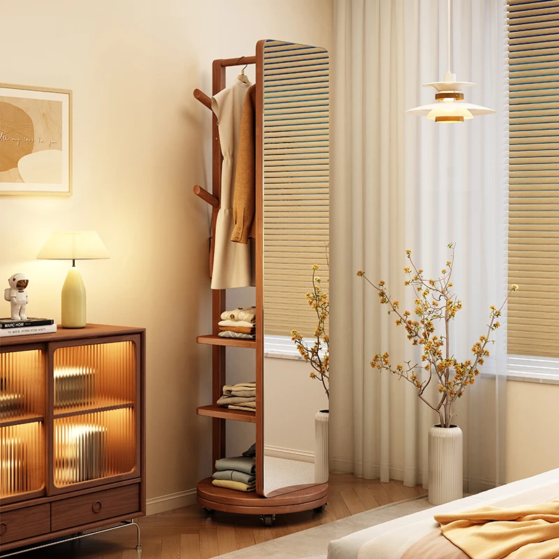 喜二家实木卧室落地穿衣镜小客厅全身试衣镜带挂衣架移动旋转