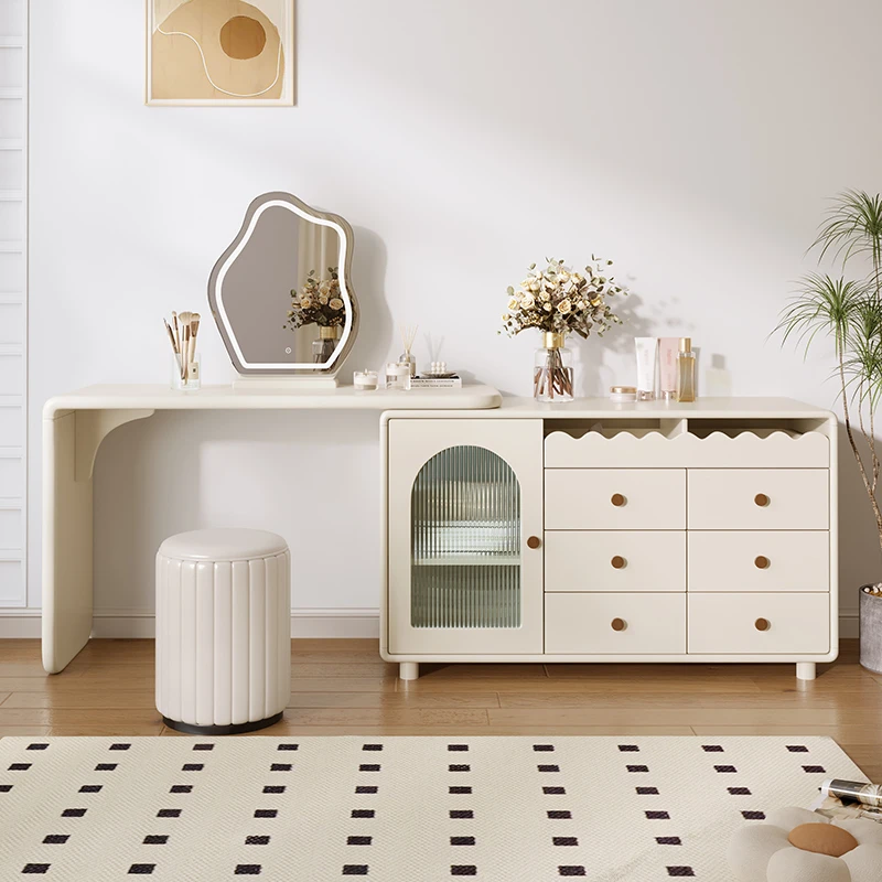 喜二家卧室现代简约化妆桌轻奢化妆台斗柜一体奶油风化妆桌椅套餐