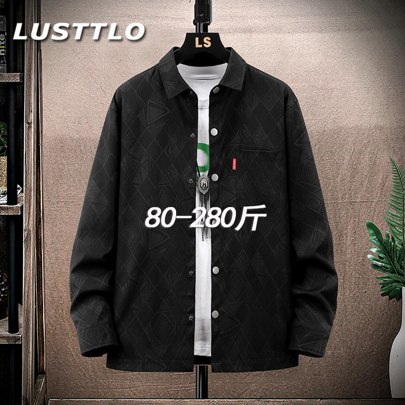 大码男士翻领衬衫春秋新款满印潮牌衬衣微胖潮搭休闲宽松长袖寸衫