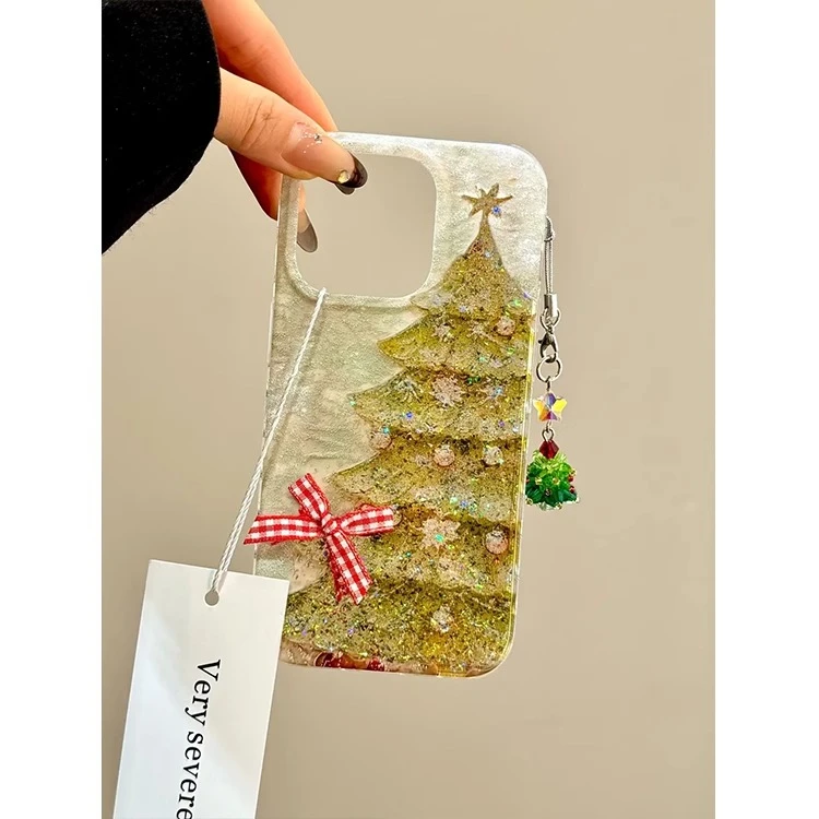 立体蝴蝶结亮片圣诞树适用苹果16promax手机壳可爱幸运ip17promax