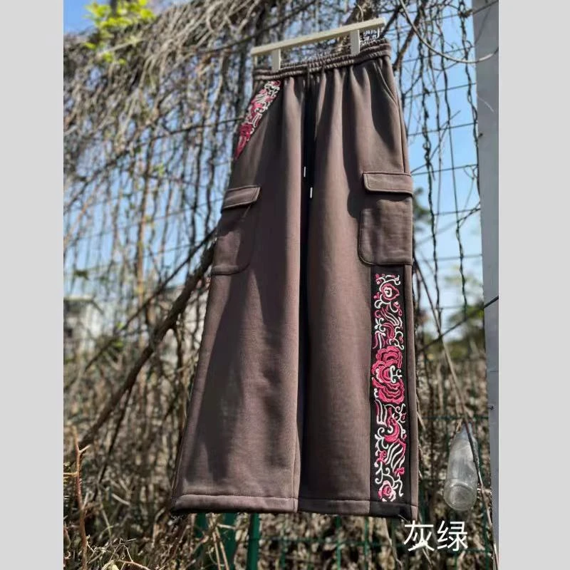 煜宸原创K8818民族风早夏季新款绒罗纹休闲裤绣花宽松直筒阔腿裤