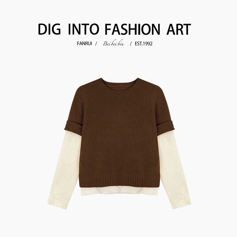 【泛芮】假两件拼接洋气百搭小众设计感时尚针织毛衣女B12038