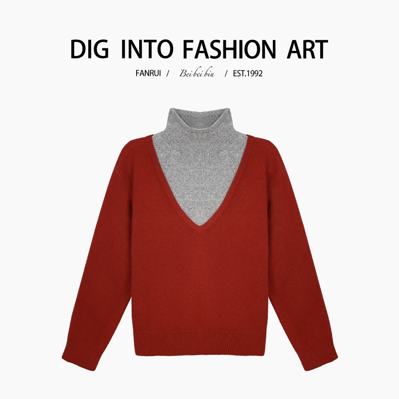 FANRUI/泛芮「心愿年画 」假两件高领设计感软糯针织毛衣B13668