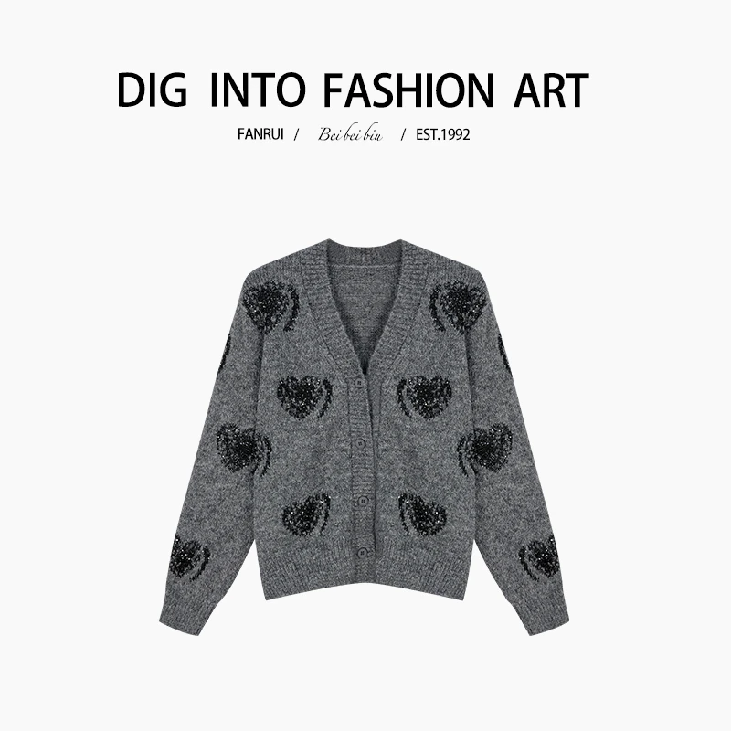 FANRUI/泛芮「碳素爱心 」纯色翻领爱心设计百搭开衫针织上衣B12589