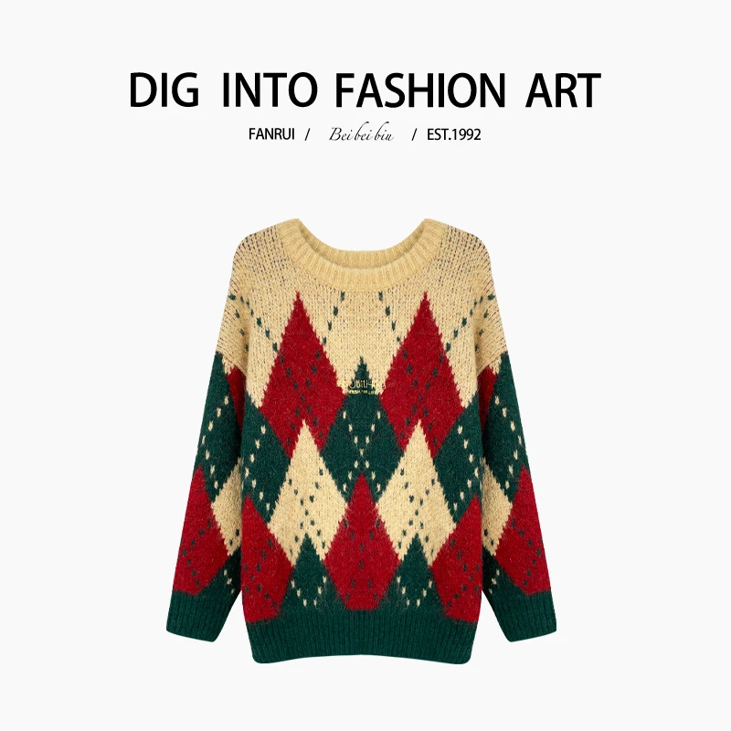 FANRUI/泛芮「圣诞芭菲 」菱格百搭洋气图案设计感针织毛衣B13846
