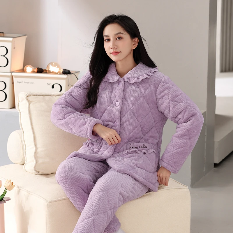 冬季三层夹棉睡衣女加绒加厚保暖翻领开衫家居服两件套装可外穿