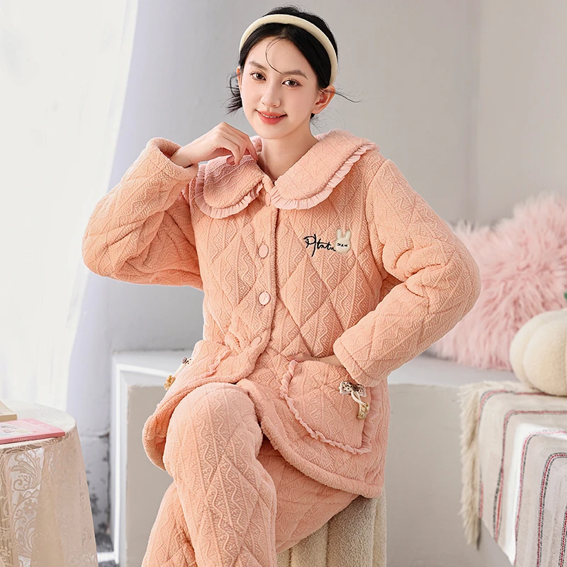 冬季三层夹棉睡衣女加绒加厚保暖翻领开衫家居服两件套装可外穿