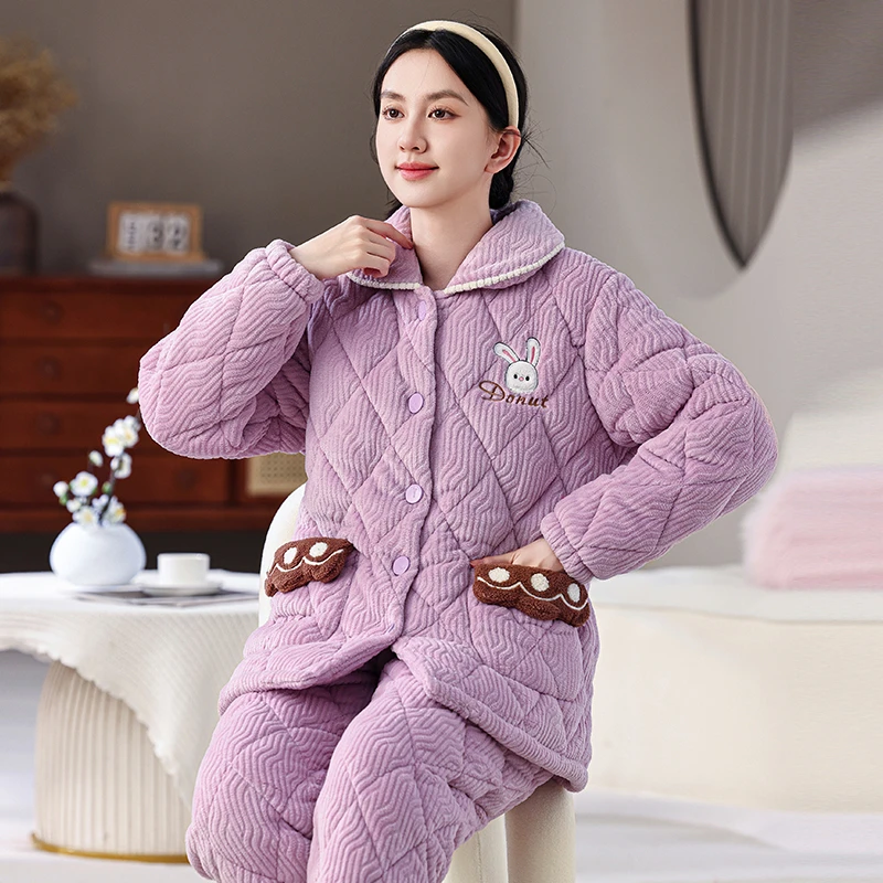 200斤大码冬季三层夹棉睡衣女加绒加厚保暖翻领家居服套装可外穿