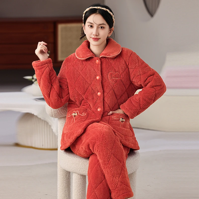 冬季三层夹棉睡衣女加绒加厚保暖翻领保暖家居服两件套装可外穿