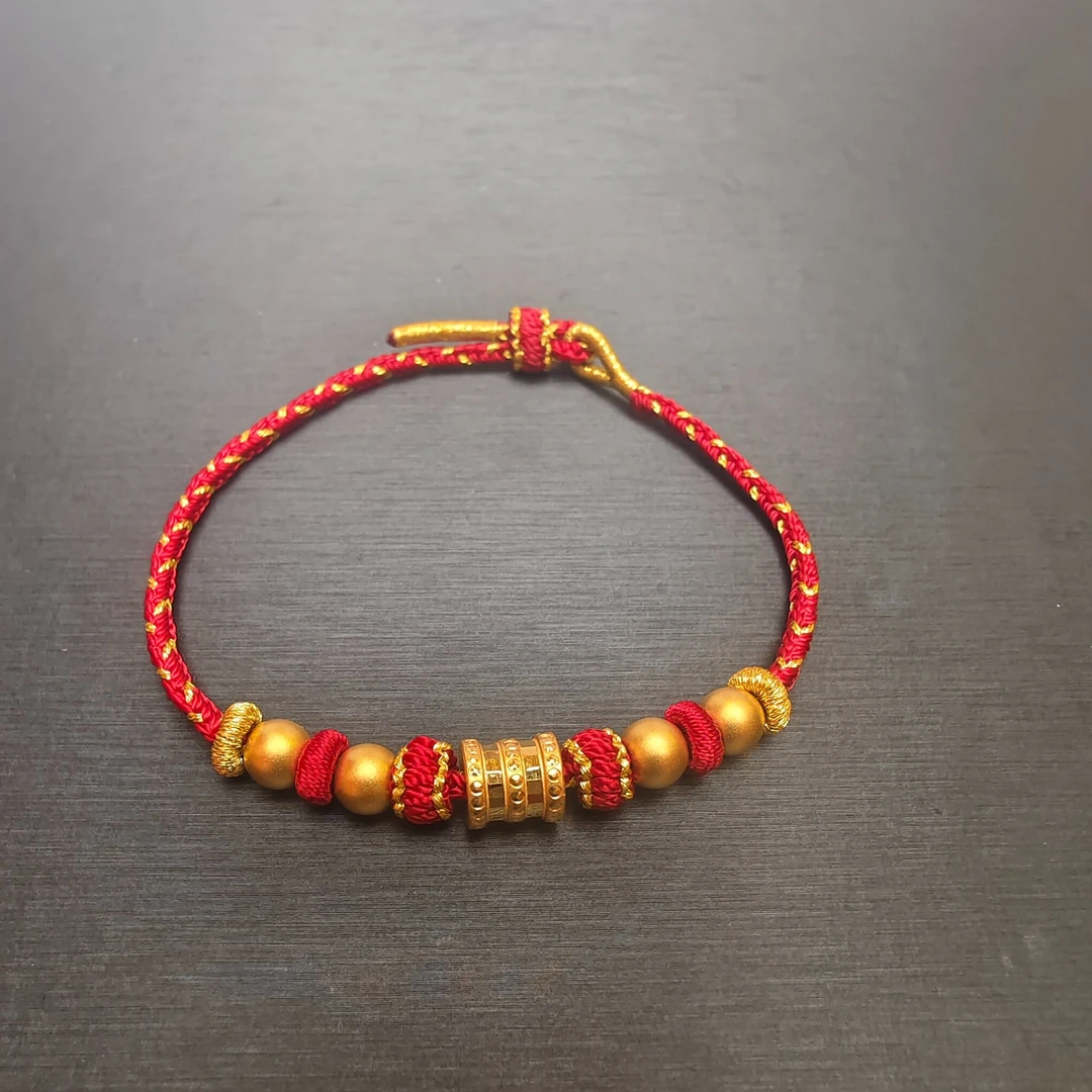 18#足金999黄金 5D硬金工艺 路路通转运珠 红绳编织手链
