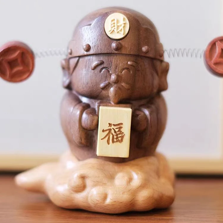 北美黑胡桃实木小财神摆件创意高端可爱桌面摆件發發蕟车载摆件