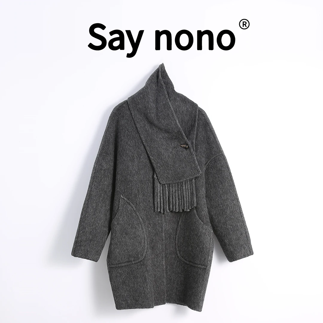 懒猫nono│Saynono 奶昔冰晶＿显瘦流苏围巾毛呢外套 /SYN59238