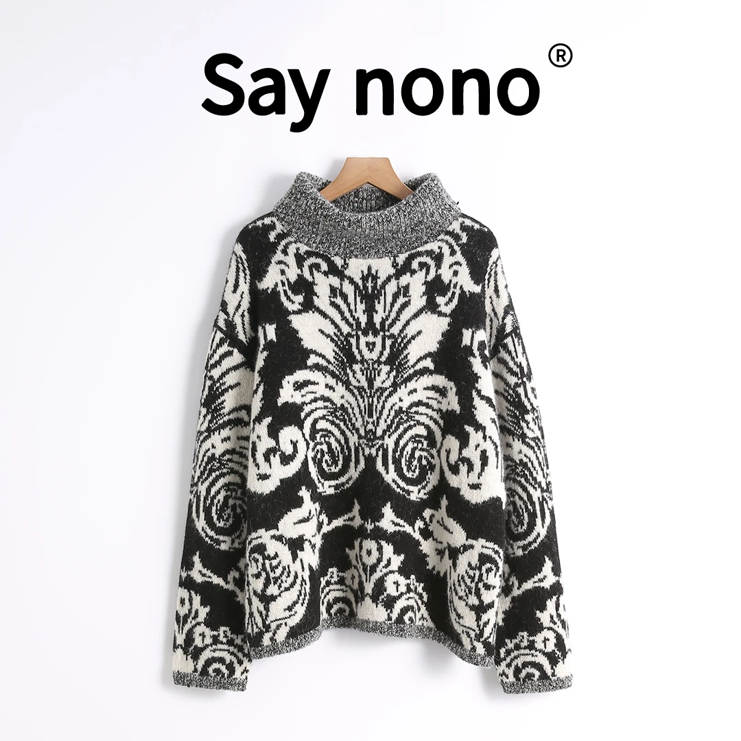 懒猫nono│Saynono 巴洛克风＿黑白提花针织高领套衫 /T24431