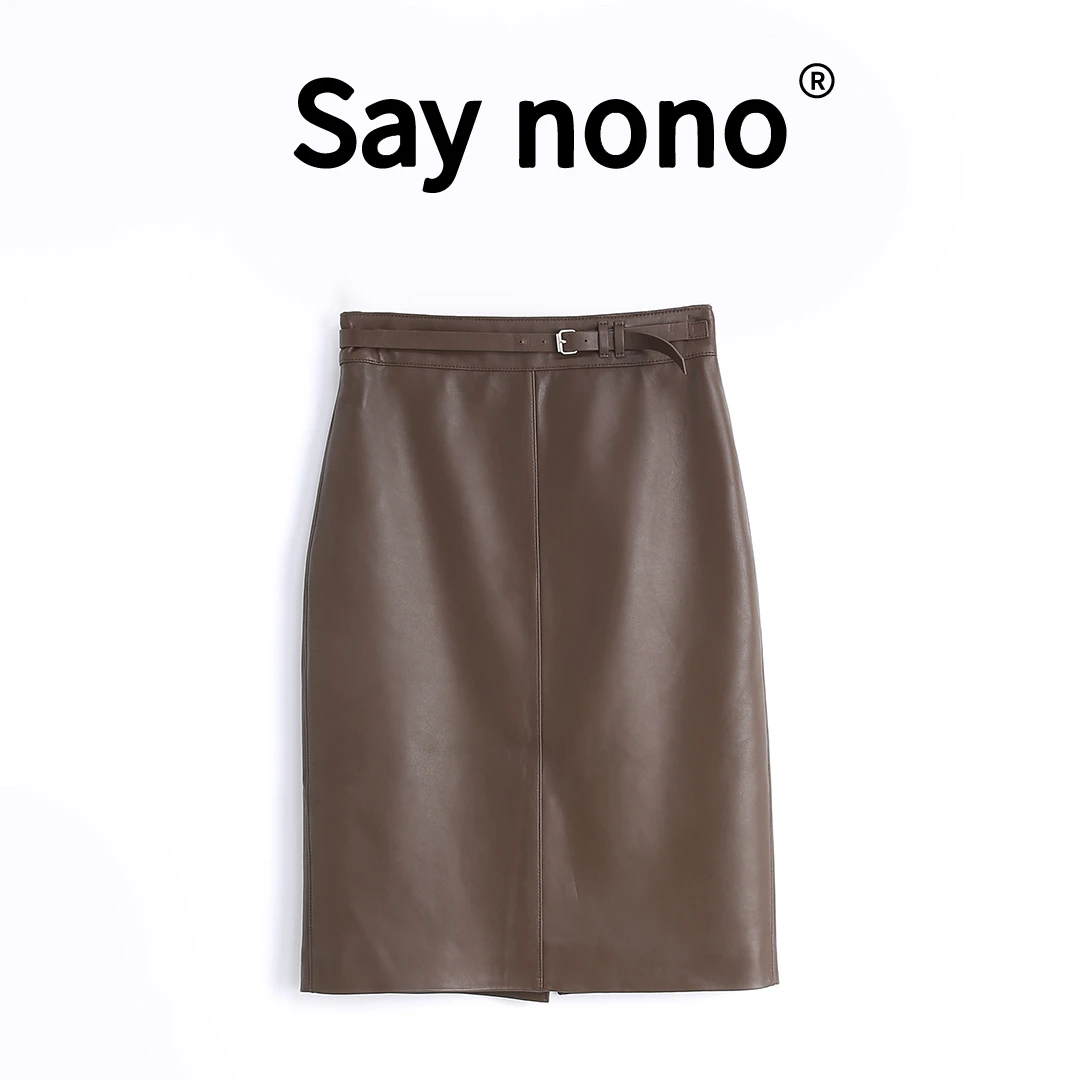 懒猫nono│Saynono 极简＿新款高腰显瘦羊皮真皮半身皮裙 /B086