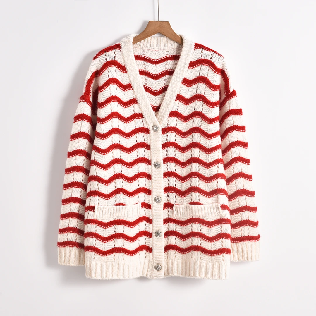 【 HONEY AMOR 】秋冬独特别致长袖v领条纹毛衣针织开衫 /XD793008