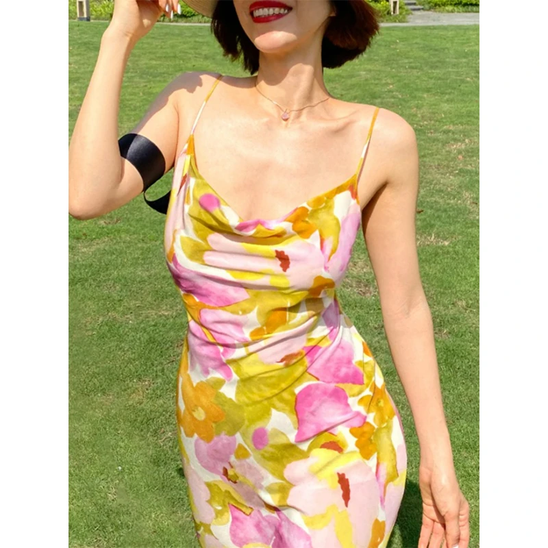 Daily Romance法式“郁金香” 明星同款印花真丝斜裁连衣裙/半身裙