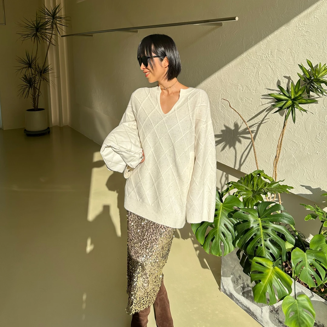 Daily Romance超级重工闪闪亮片羊绒上衣温柔奶白色慵懒风针织衫