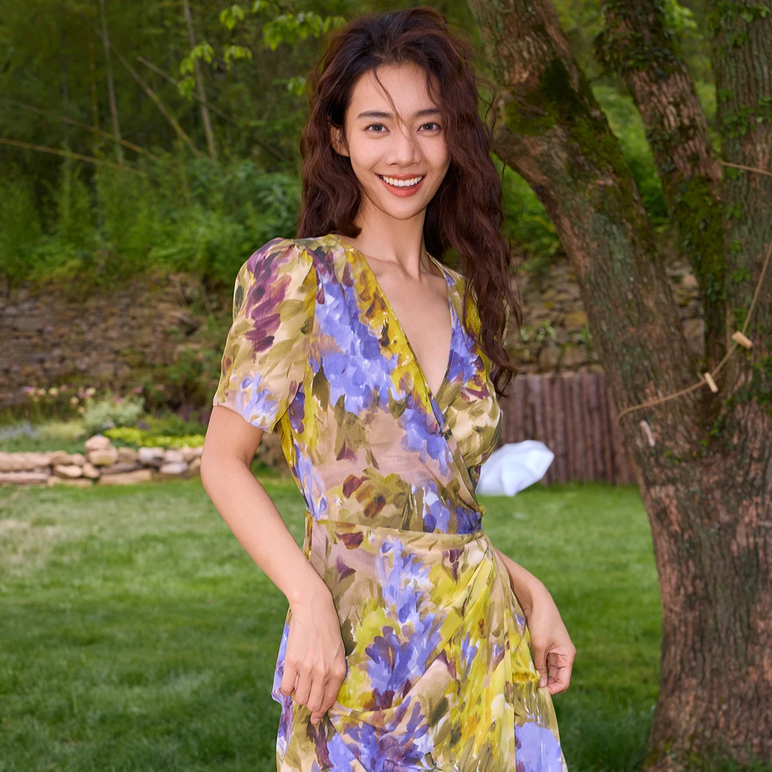 daily romance法式浪漫碎花桑蚕丝紫油画连衣裙