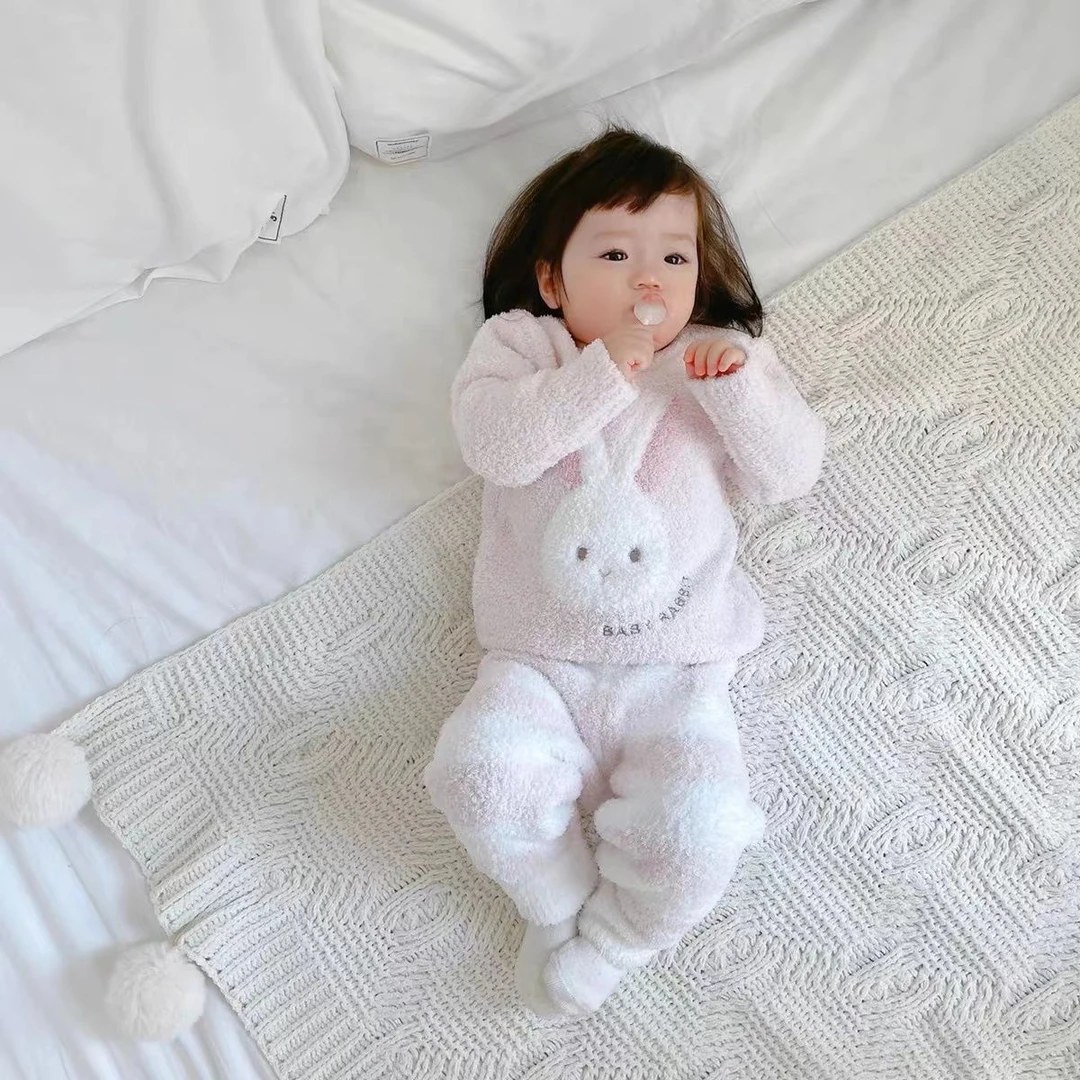 甜品起司软绵绵儿童保暖睡衣兔子可爱女宝宝加厚半边绒家居服套装