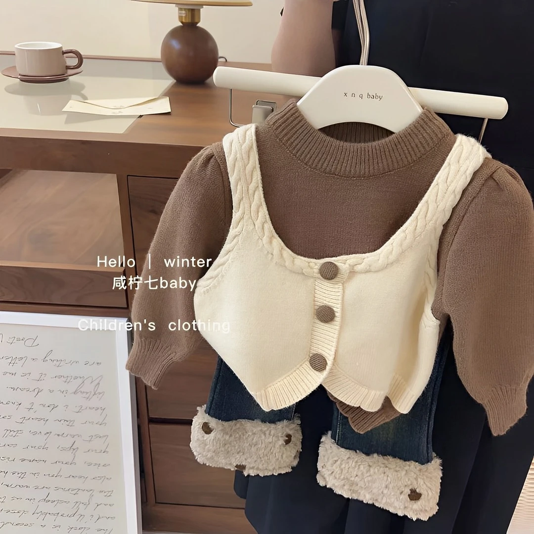 女童毛衣秋冬加厚冬季女孩套头上衣女宝宝假两件长袖半高领针织衫