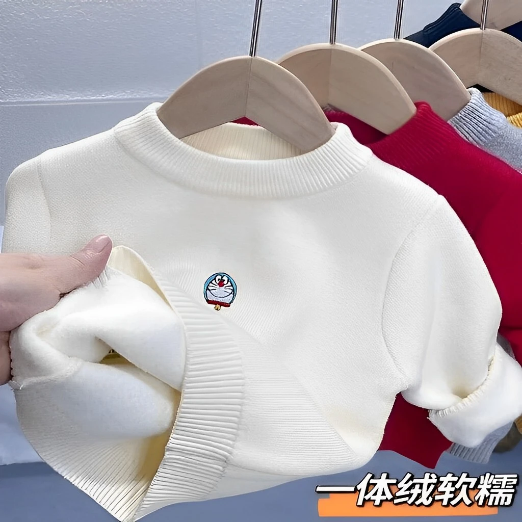 男女童毛衣一体绒2023新爆款洋气秋冬圆领加绒加厚套头针织打底衫