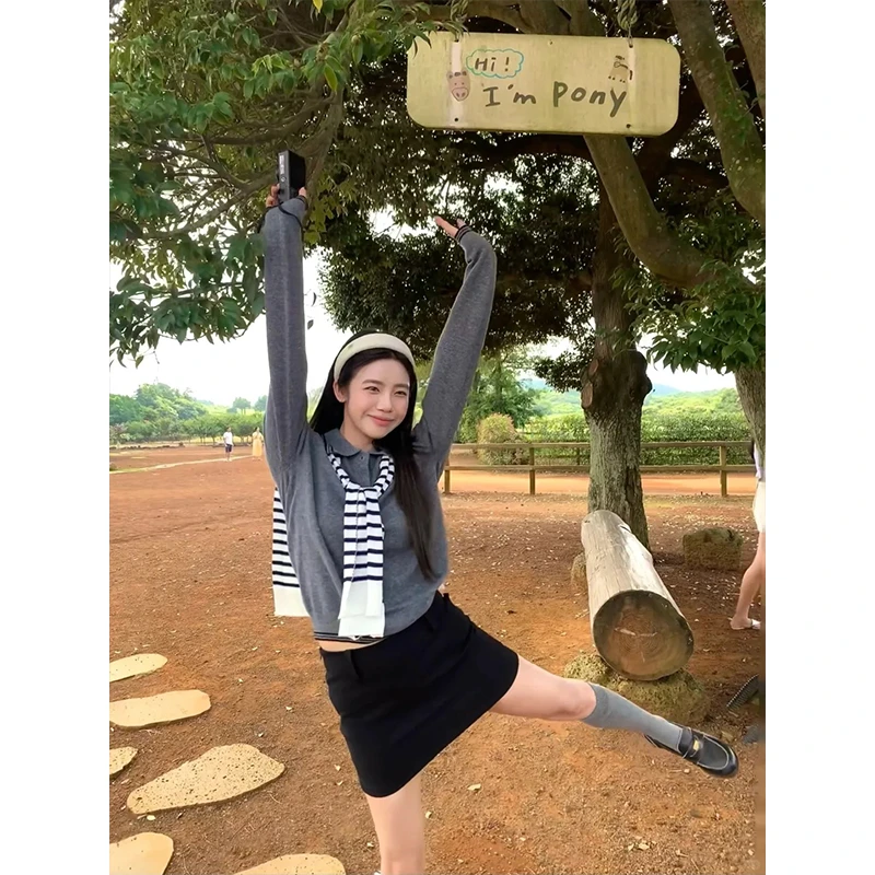 2024秋季新款时尚韩系休闲风洋气长袖针织衫女高腰显瘦百搭半身裙