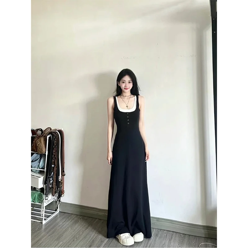 2024夏季新款法式设计感气质假两件拼接修身显瘦无袖背心连衣裙女
