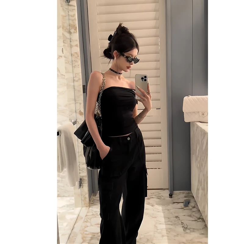辣妹风高级感气质抹胸背心女2024夏季新款时尚小众修身高腰阔腿裤