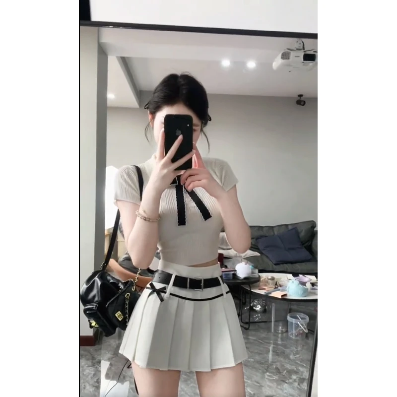 2024夏季新款时尚纯欲风Polo领针织短袖上衣甜辣妹百搭百褶短裙女