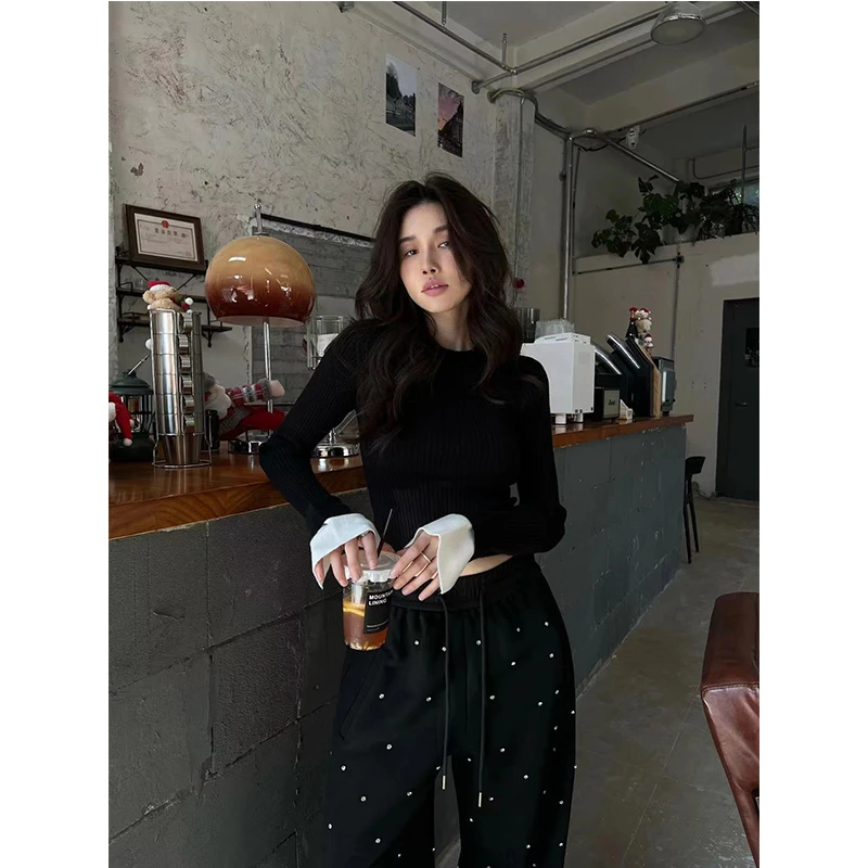 今年流行秋冬季新款复古炸街撞色长袖修身上衣高腰显瘦烫钻阔腿裤