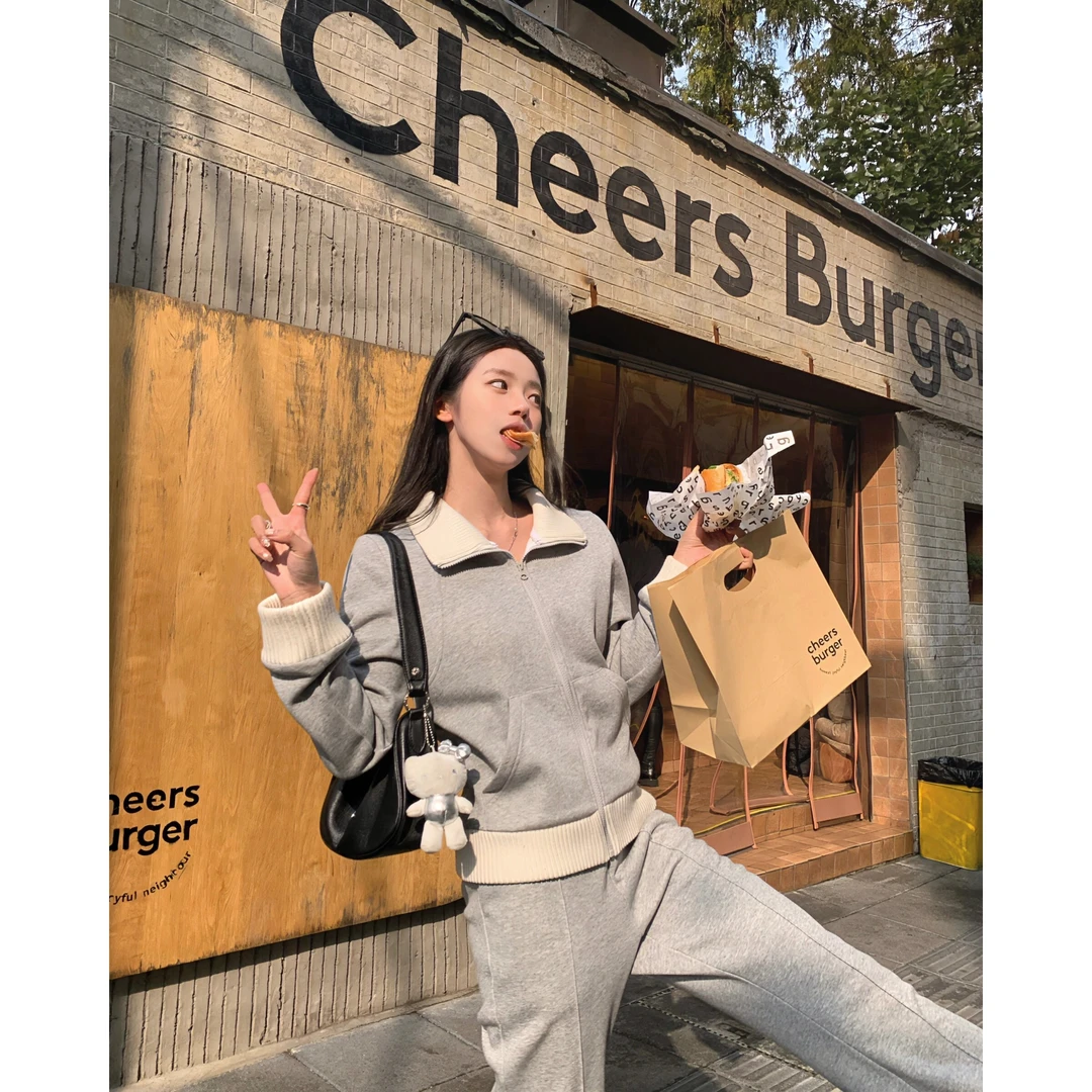 美式复古翻领修身显瘦撞色上衣女2024冬新款设计感高级鱼骨阔腿裤