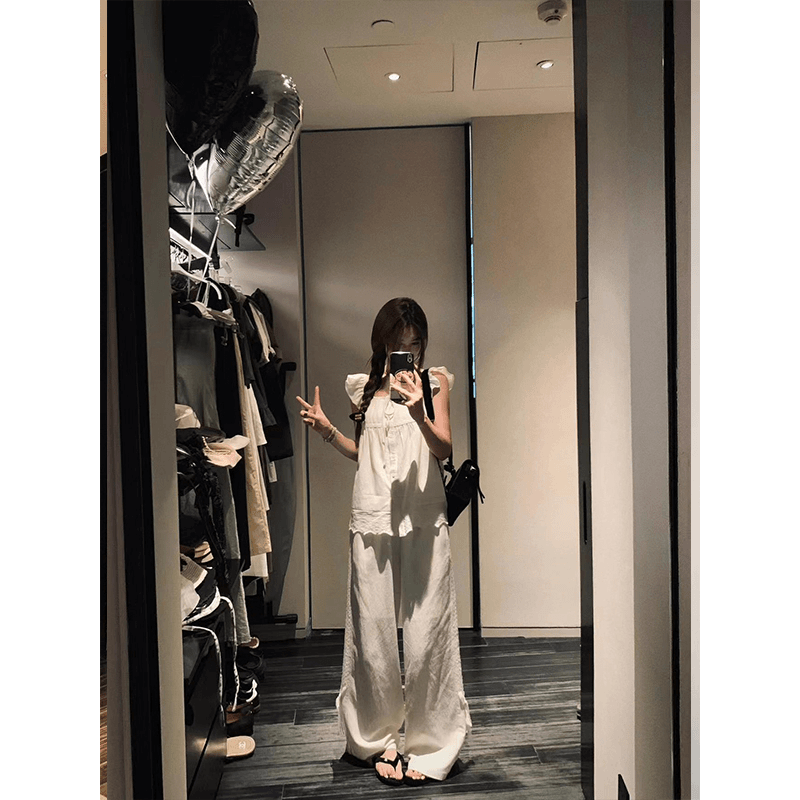 【月光童话】2024夏季新款小飞袖娃娃无袖上衣辣妹高腰蕾丝花边裤女