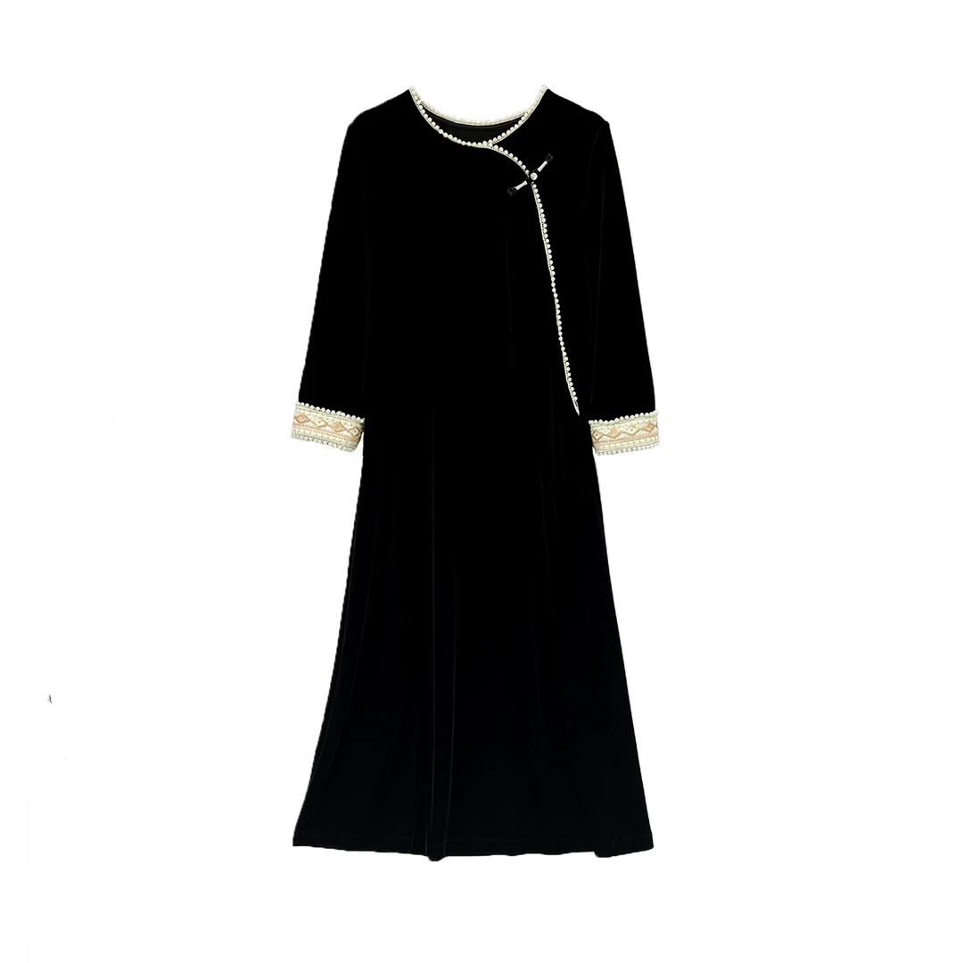 12108新中式丝绒连衣裙新款国风手工钉珠绣花拼接袖显瘦气质裙子