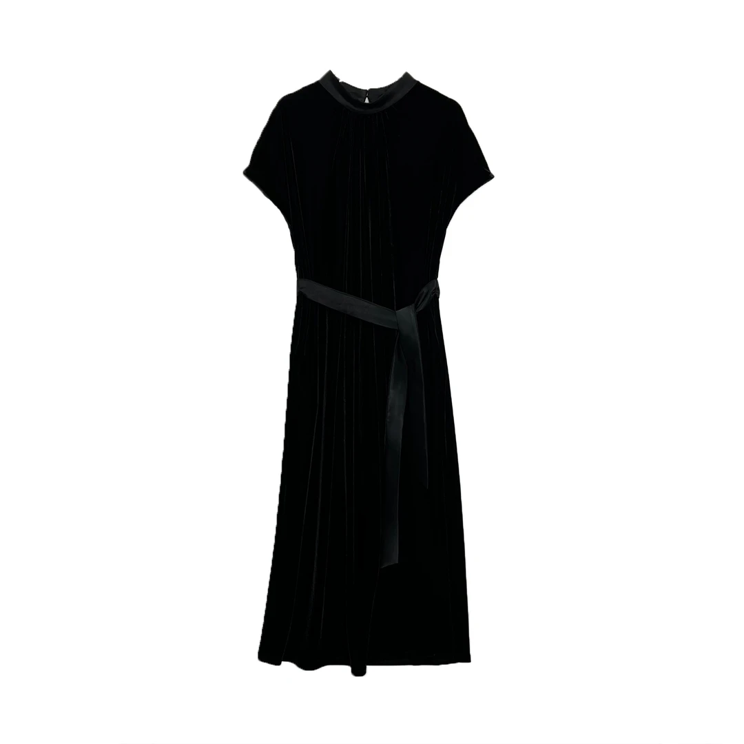 2024轻奢新款连衣裙立领连袖收腰气质显瘦裙子12097