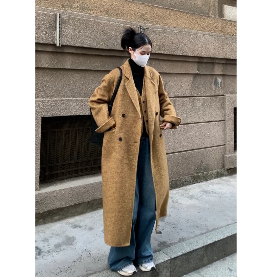 韩版两件套中长款双面呢大衣宽松显瘦时尚休闲外套