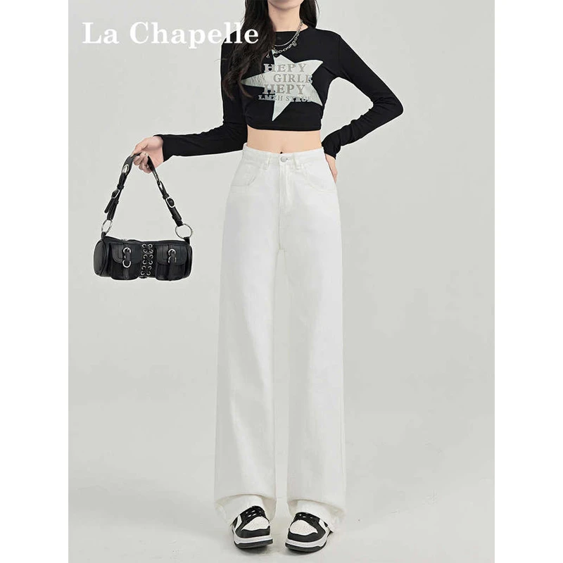 拉夏贝尔白色窄版阔腿牛仔裤女秋季2025新款小个子高腰显瘦直筒裤