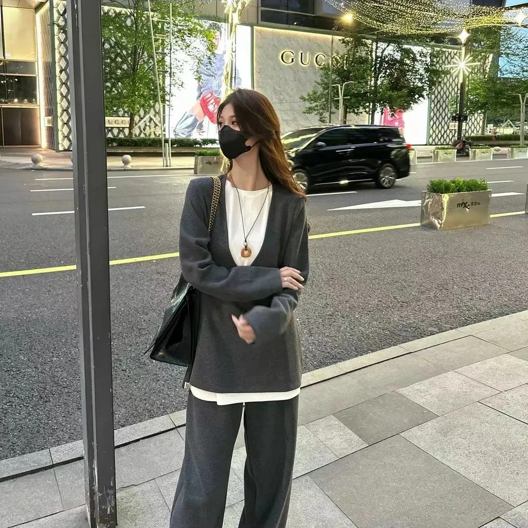 2024秋新款日韩简约时尚假两件撞色上衣休闲长裤爆款两件套女