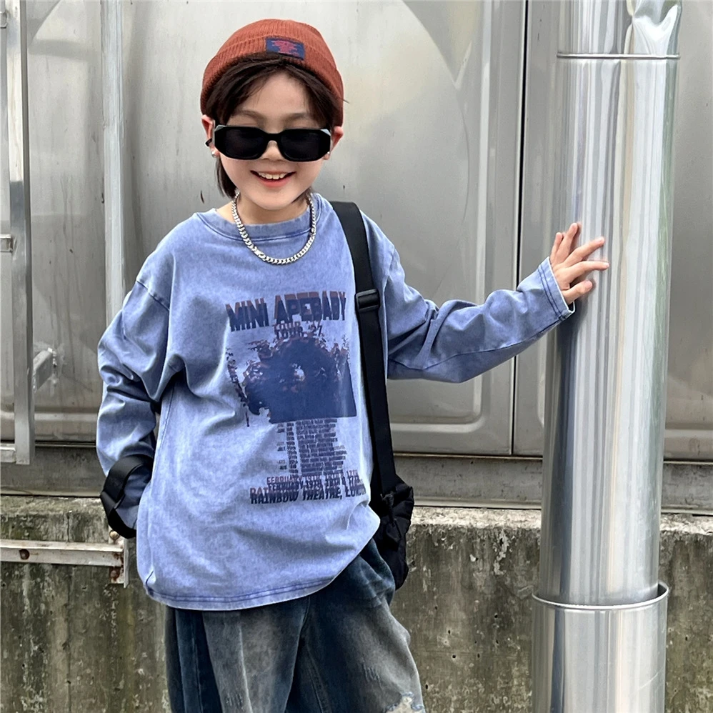 8108儿童秋款长袖美式复古炒色字母恤圆领韩版宽松儿童节秋季