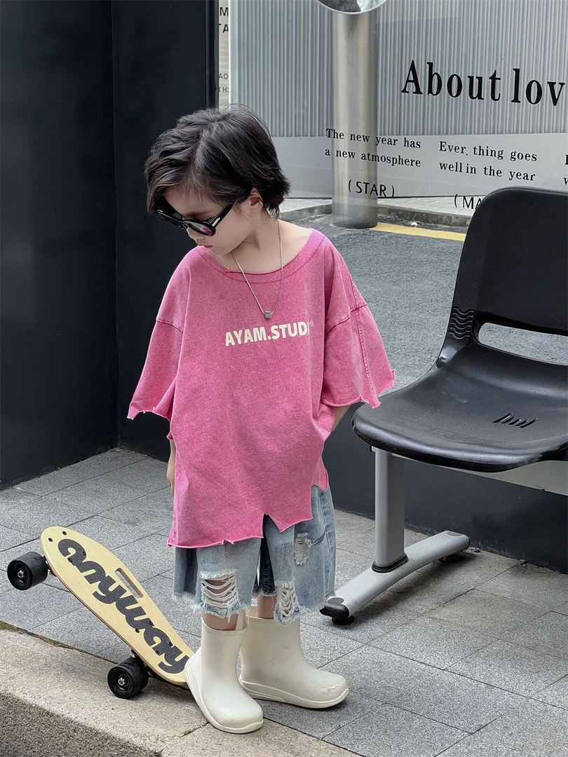 儿童炒色恤夏季新款男童装短袖上衣韩版洋气不规则时尚宽松割破