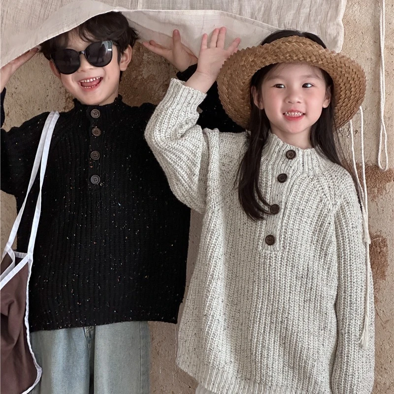 2024秋季新品韩版儿童复古毛衣宽松慵懒风针织衫复古彩色立领上衣