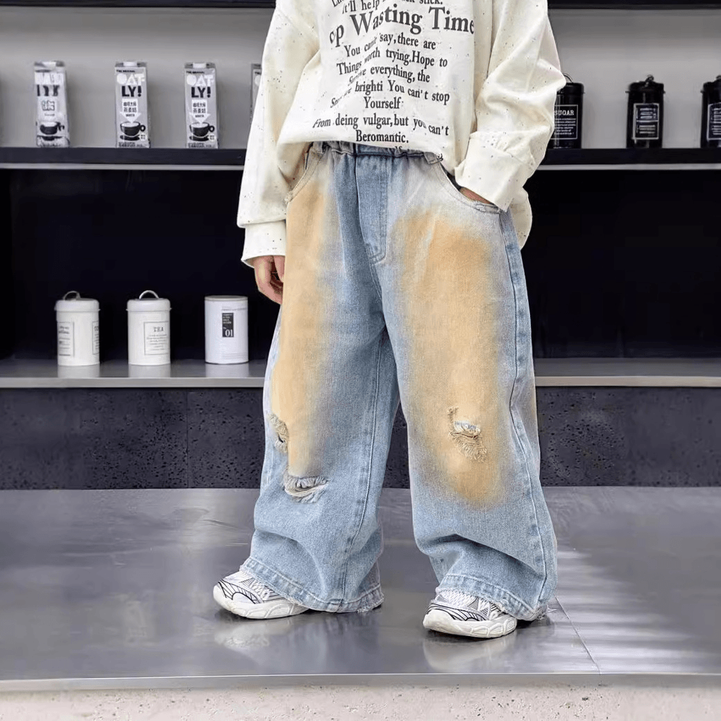 男童秋款韩版童装2024儿童直筒做旧破洞牛仔裤6508阔腿潮流复古