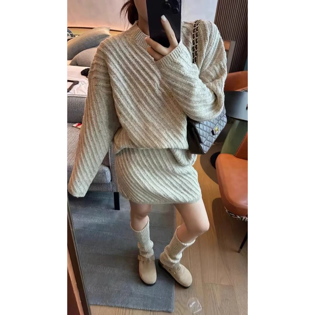 FCYSTUIDOHZJ韩系慵懒风气质休闲套装斜纹毛衣高腰半身裙两件套女