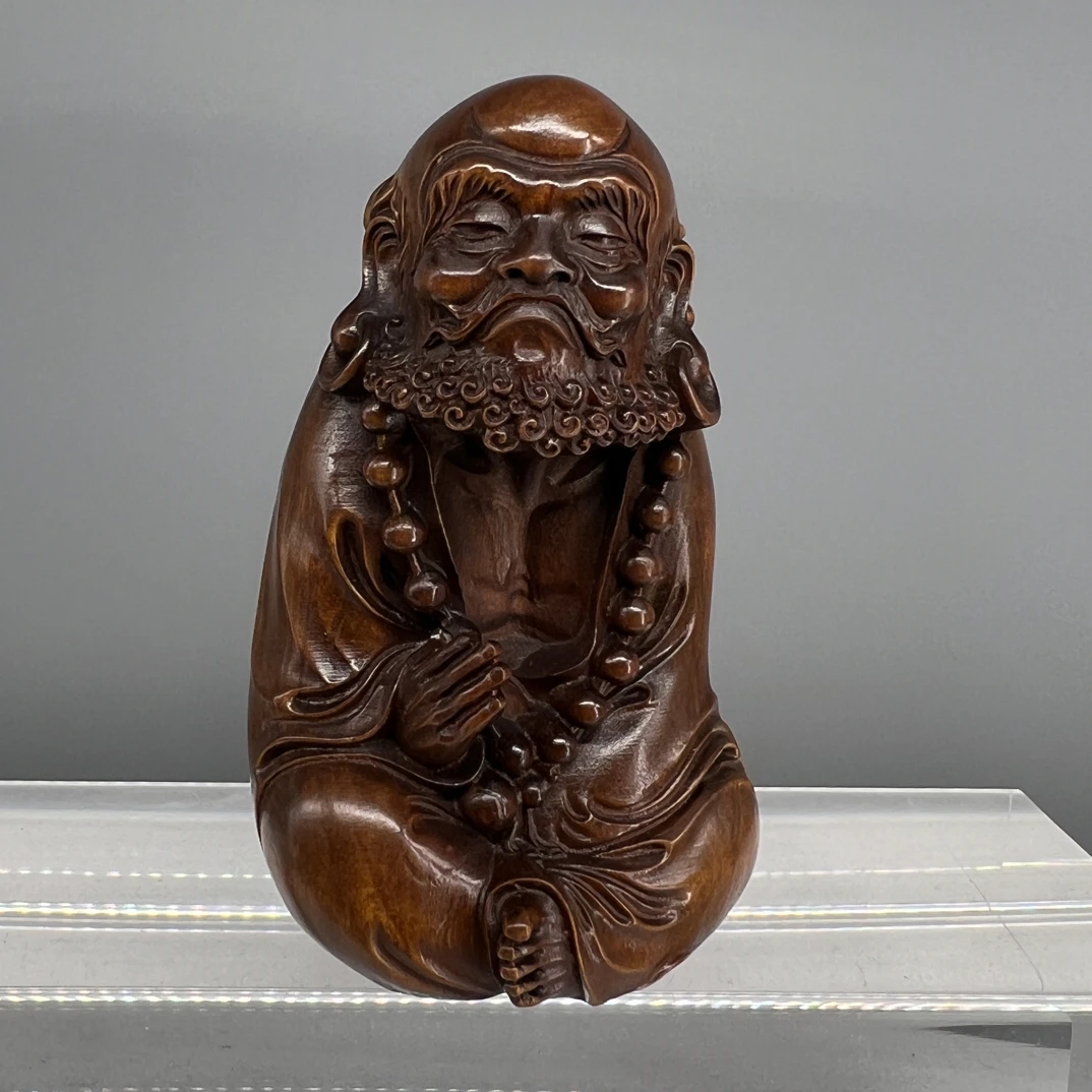 小叶黄杨木坐禅悟道达摩手把长5.5宽4.5高8.5实木整雕办公桌摆件