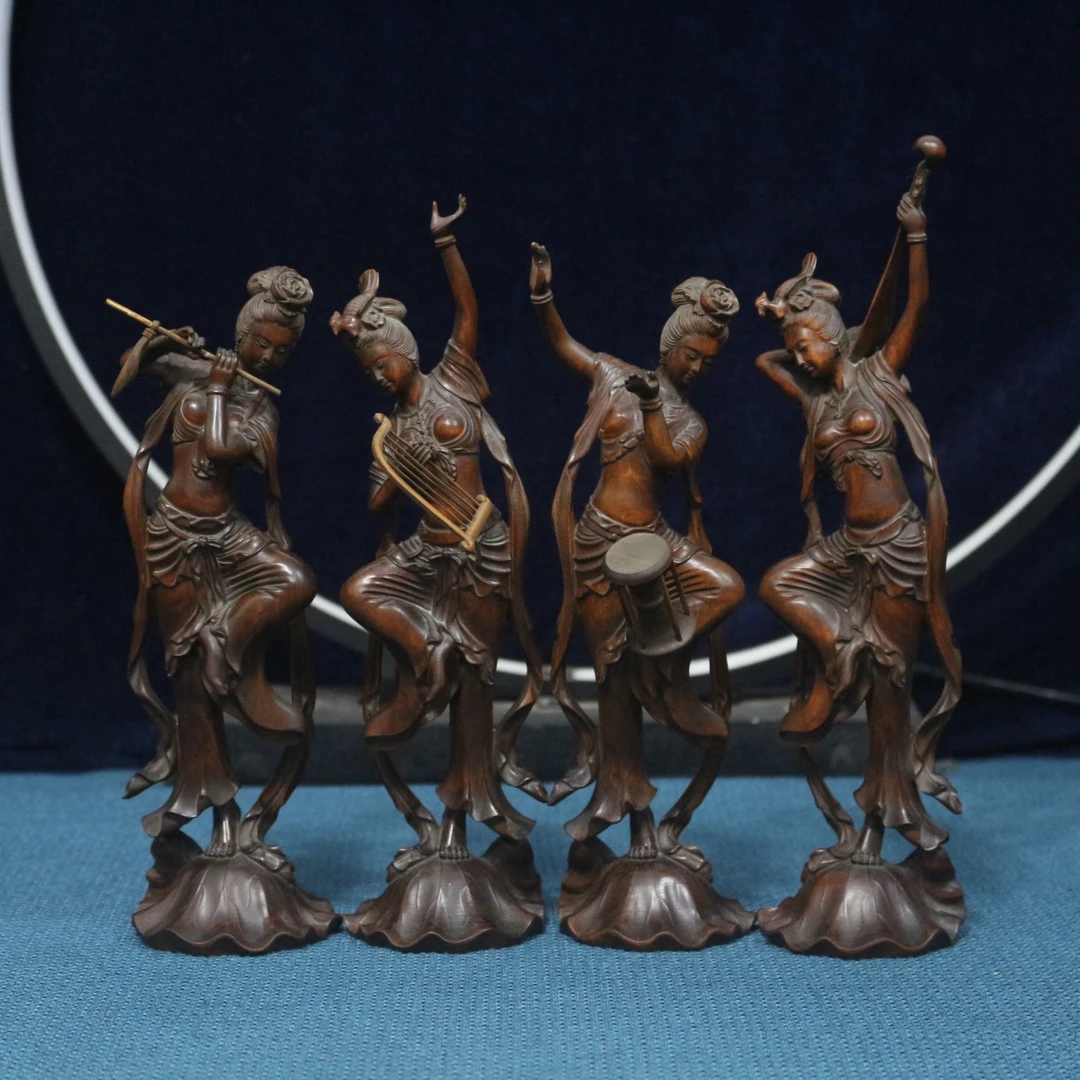 黄杨木雕刻四大美女敦煌飞天仕女人物摆件中式家居装饰工艺品摆设