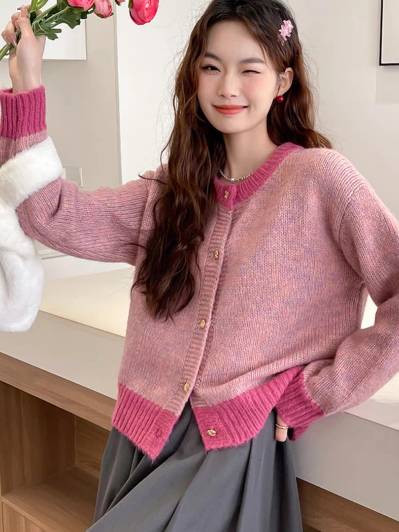 【高级感撞色小香风】韩系圆领慵懒针织开衫软糯毛衣外套女217