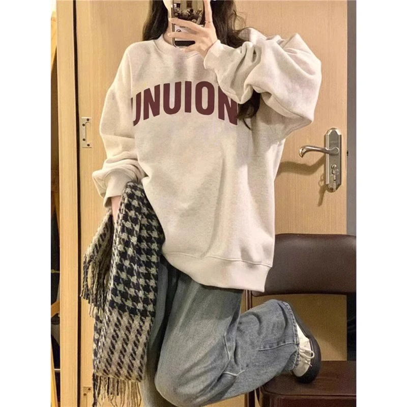 灰色字母圆领卫衣女春秋薄款小个子宽松显瘦oversize潮牌外套上衣