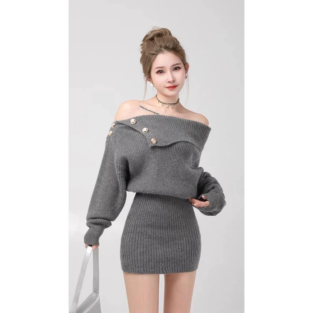 小香风气质性感一字肩针织连衣裙女秋冬包臀毛衣裙高级感收腰裙子