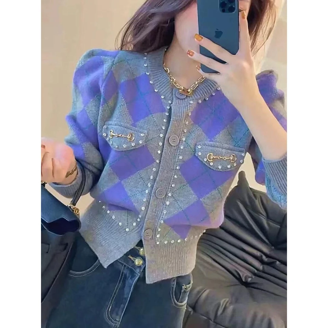 紫色菱格纹毛衣开衫女秋冬季慵懒风短款针织外套小众别致独特上衣