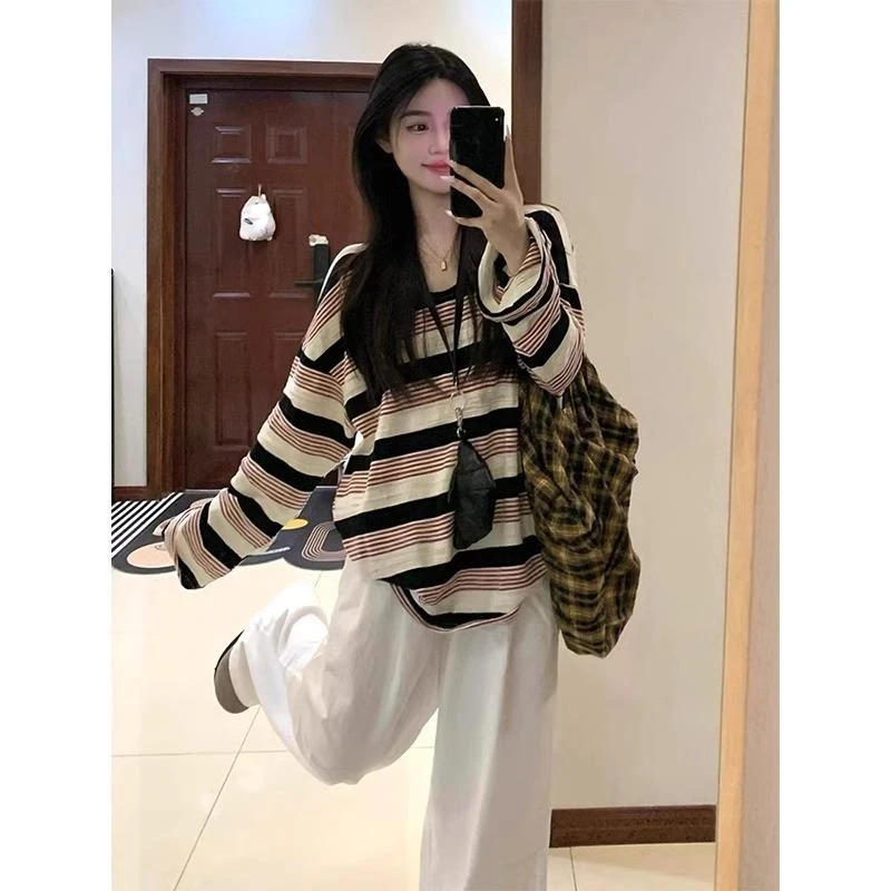 胖妹妹时尚显瘦遮肉套装女大码早秋新款条纹T恤上衣阔腿裤两件套